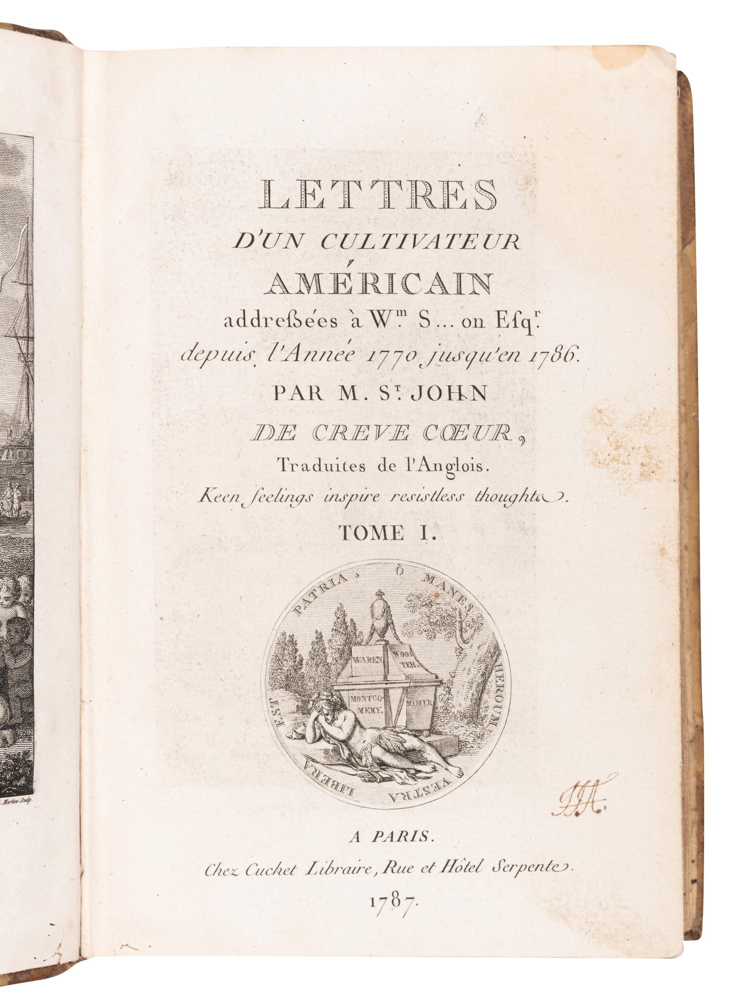 CREVECOEUR, Michel Guillaume St. Jean de (1735-1813). Lettres d'un Cultivateur Americain . Paris: Cuchet, 1787.