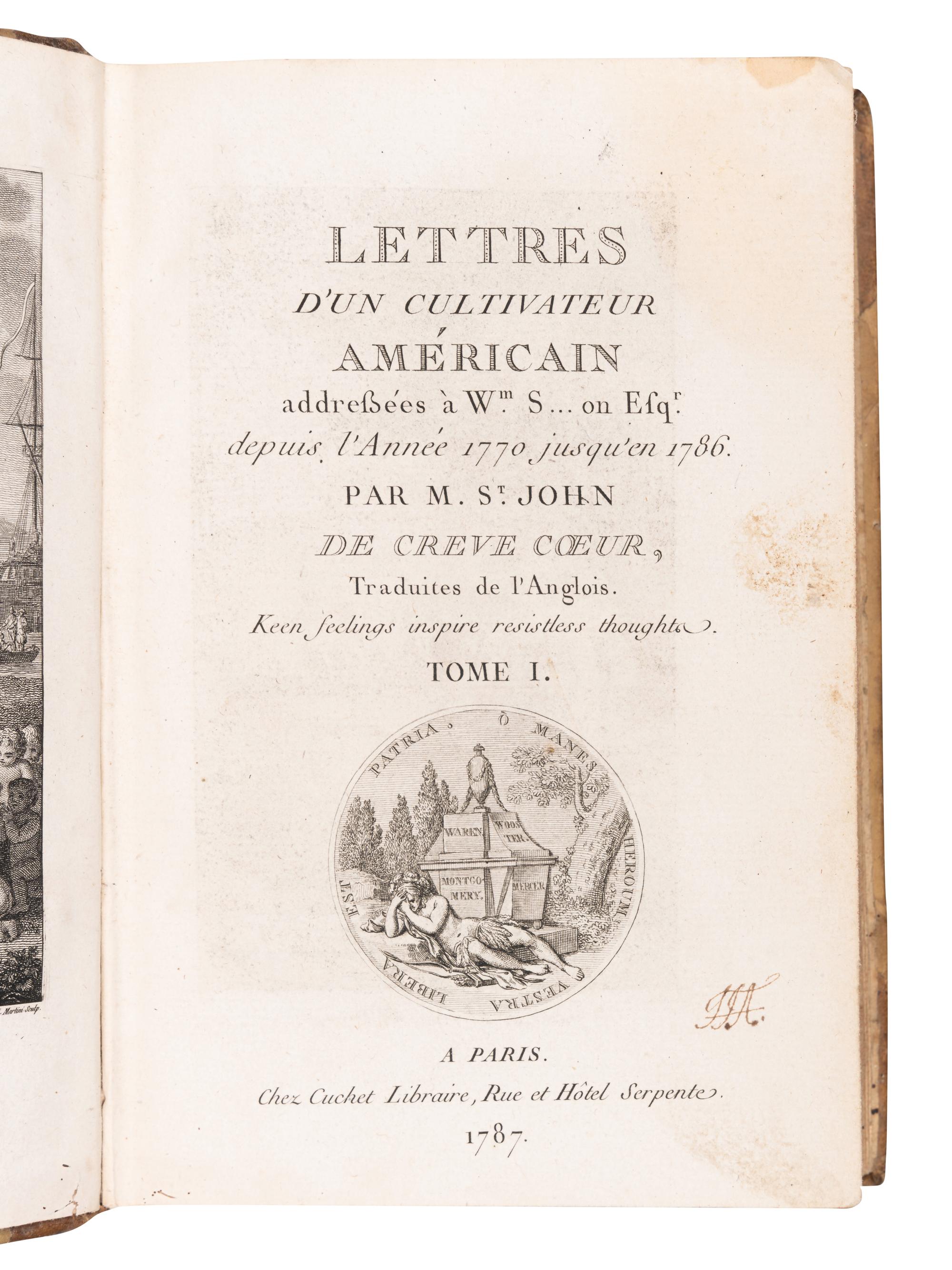 CREVECOEUR, Michel Guillaume St. Jean de (1735-1813). Lettres d'un Cultivateur Americain . Paris: Cuchet, 1787.