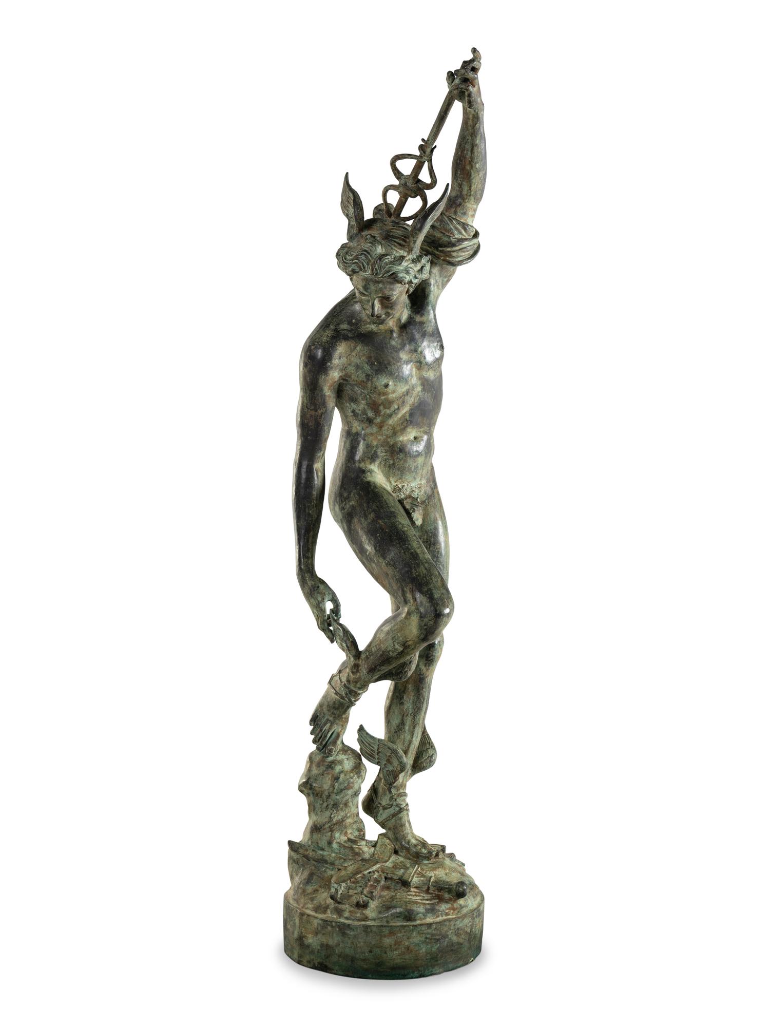A Monumental Patinated Cast Metal Figure of Mercury