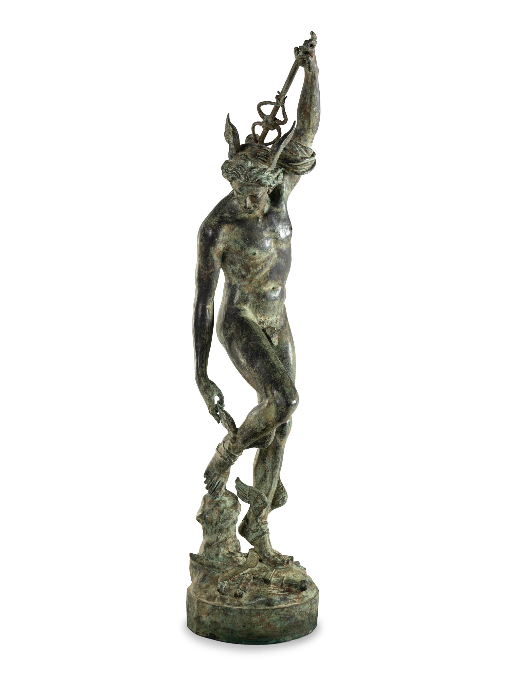 A Monumental Patinated Cast Metal Figure of Mercury
