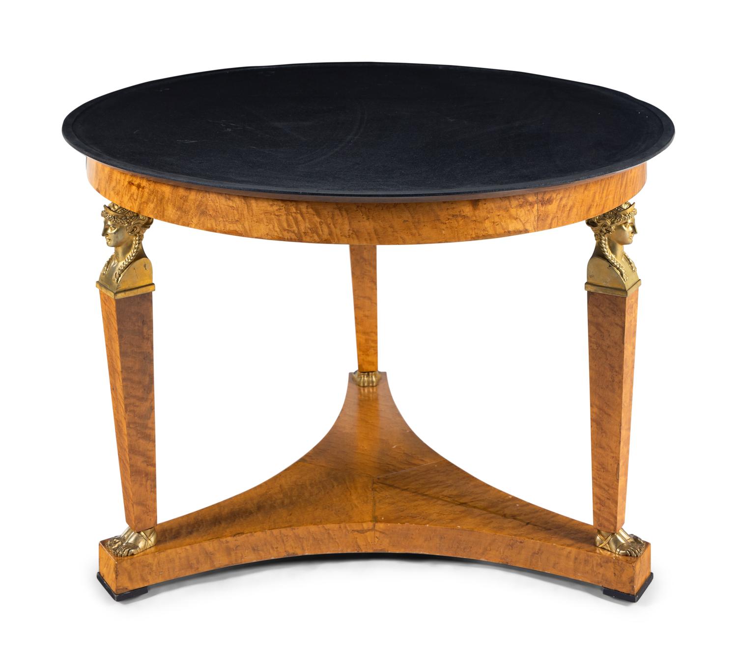 A Large Empire Style Gilt Bronze Mounted Figured Maple Marble-Top Gueridon