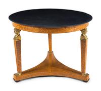 A Large Empire Style Gilt Bronze Mounted Figured Maple Marble-Top Gueridon