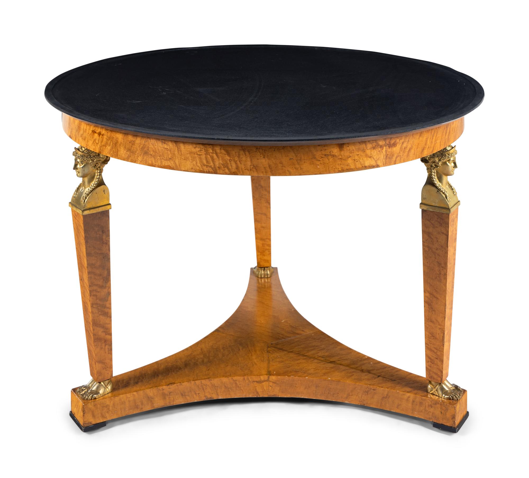 A Large Empire Style Gilt Bronze Mounted Figured Maple Marble-Top Gueridon