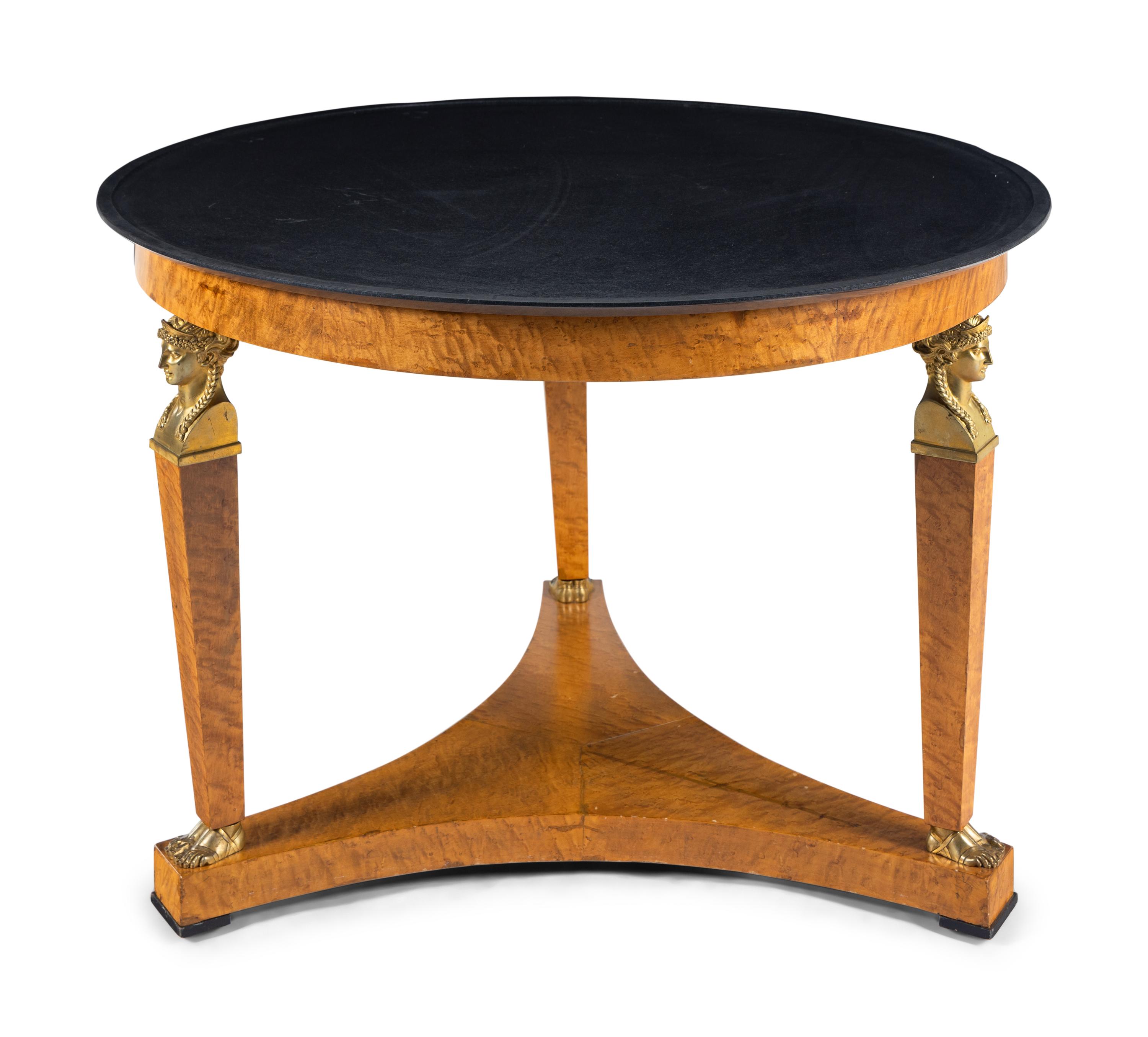 A Large Empire Style Gilt Bronze Mounted Figured Maple Marble-Top Gueridon