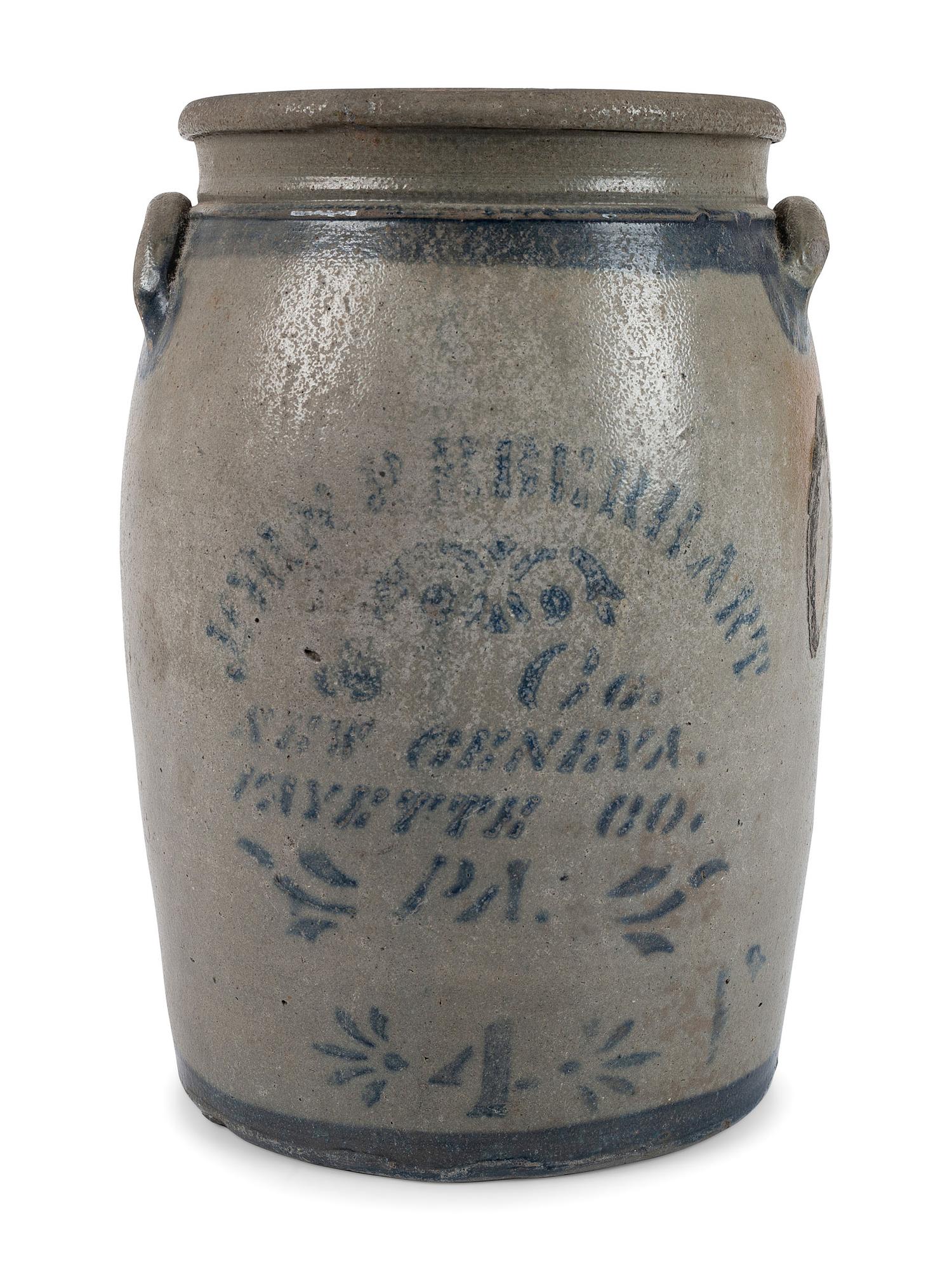 A Pennsylvania Cobalt-Stenciled Four-Gallon Stoneware Crock