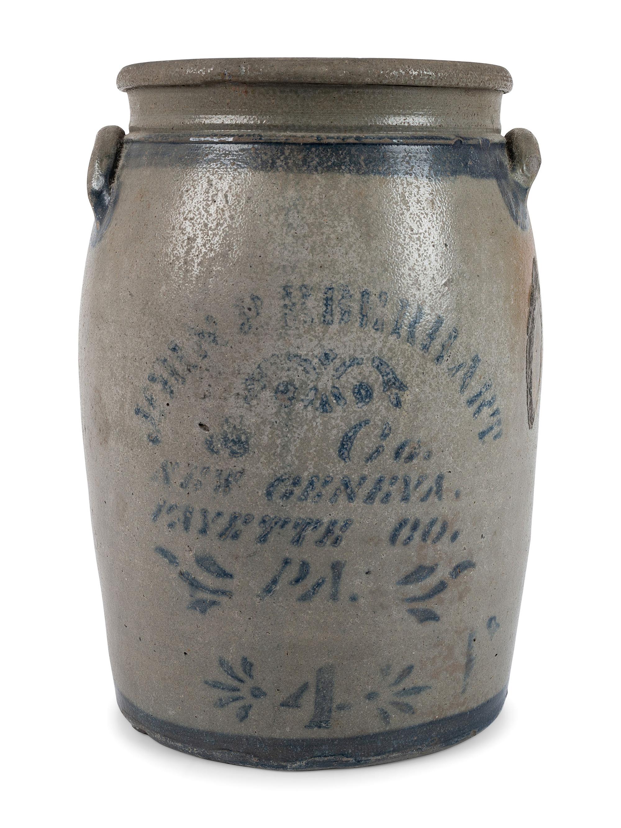 A Pennsylvania Cobalt-Stenciled Four-Gallon Stoneware Crock