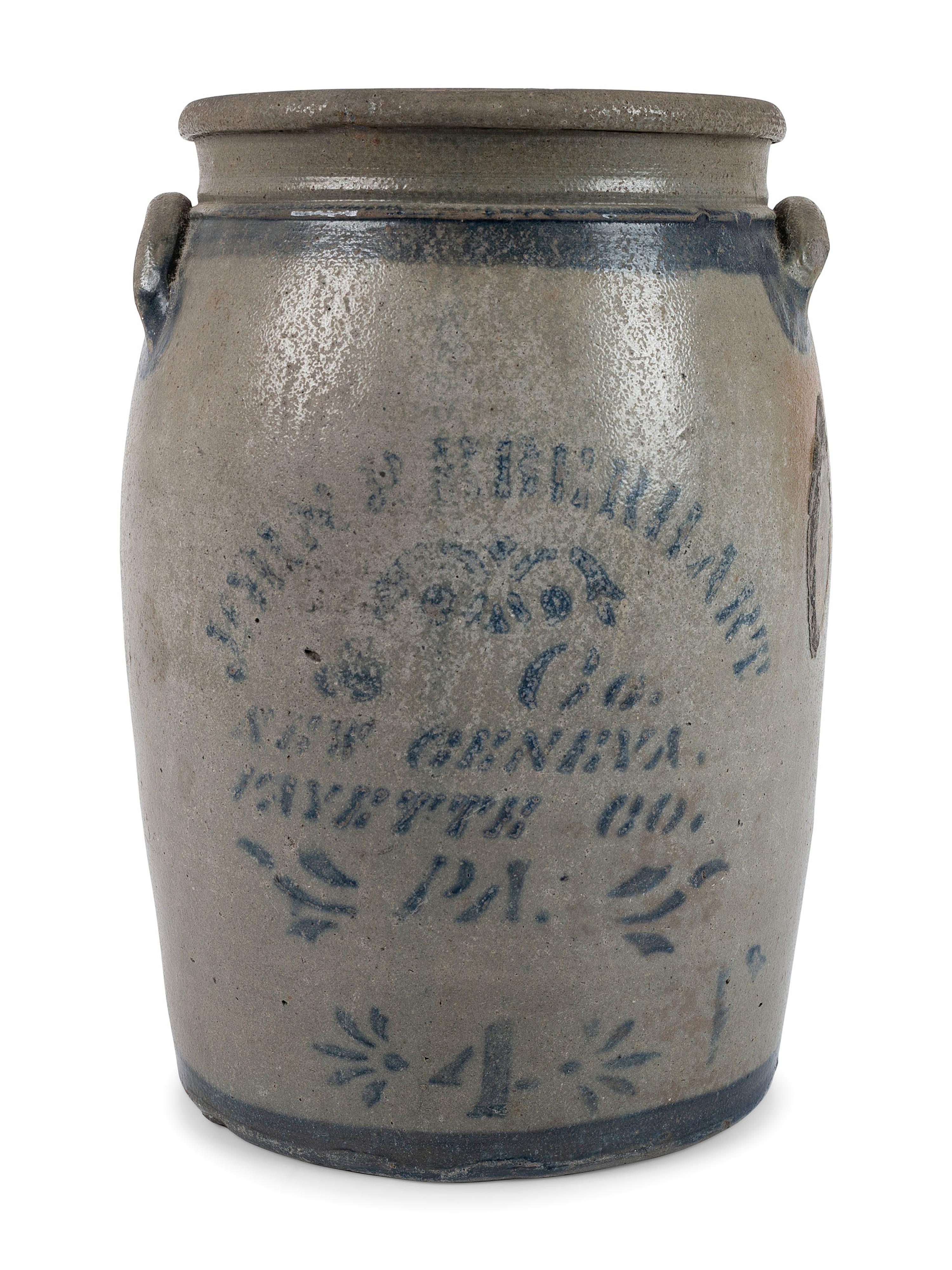 A Pennsylvania Cobalt-Stenciled Four-Gallon Stoneware Crock