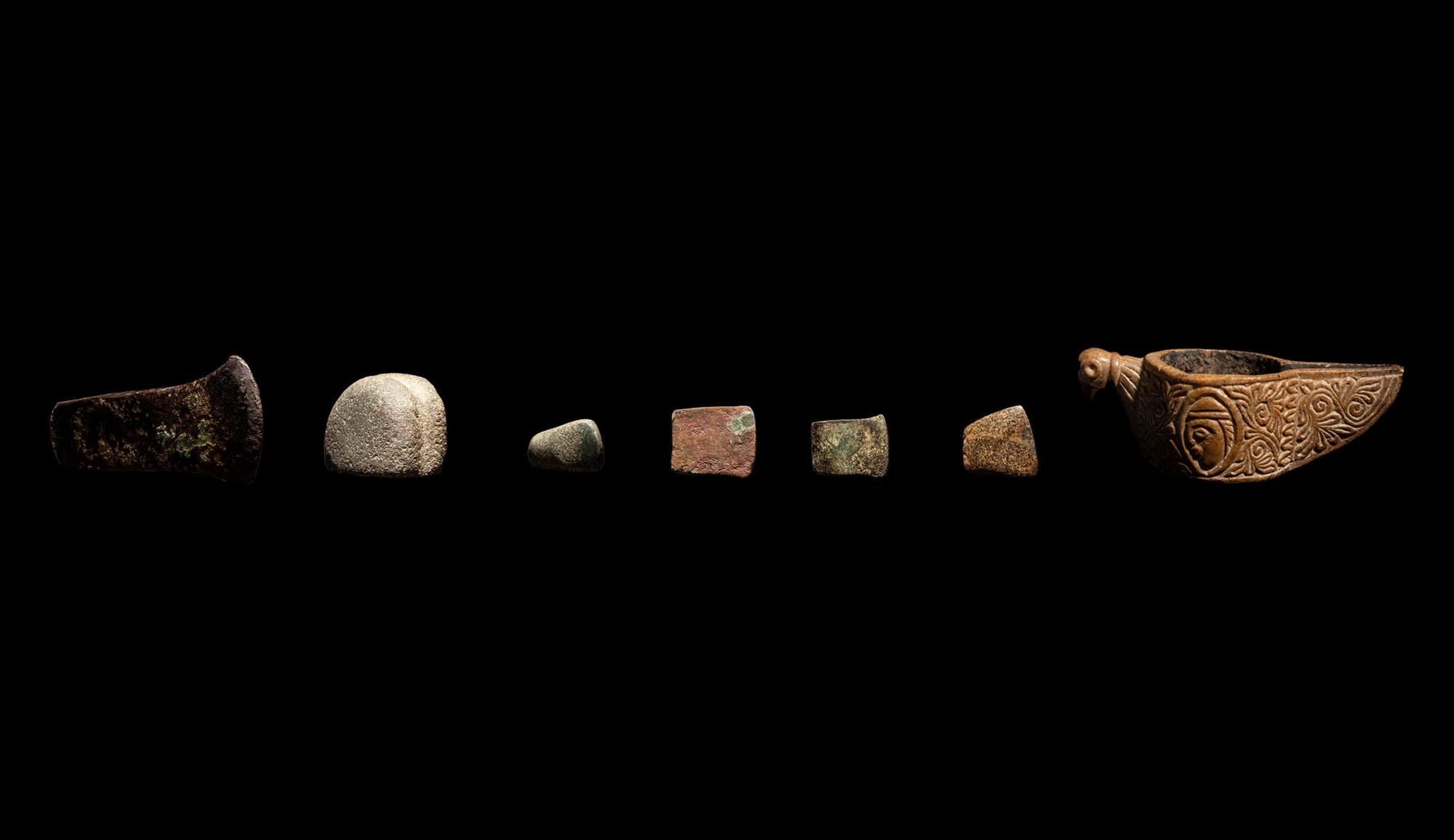 A Group of 6 South American Tools and a Vessel