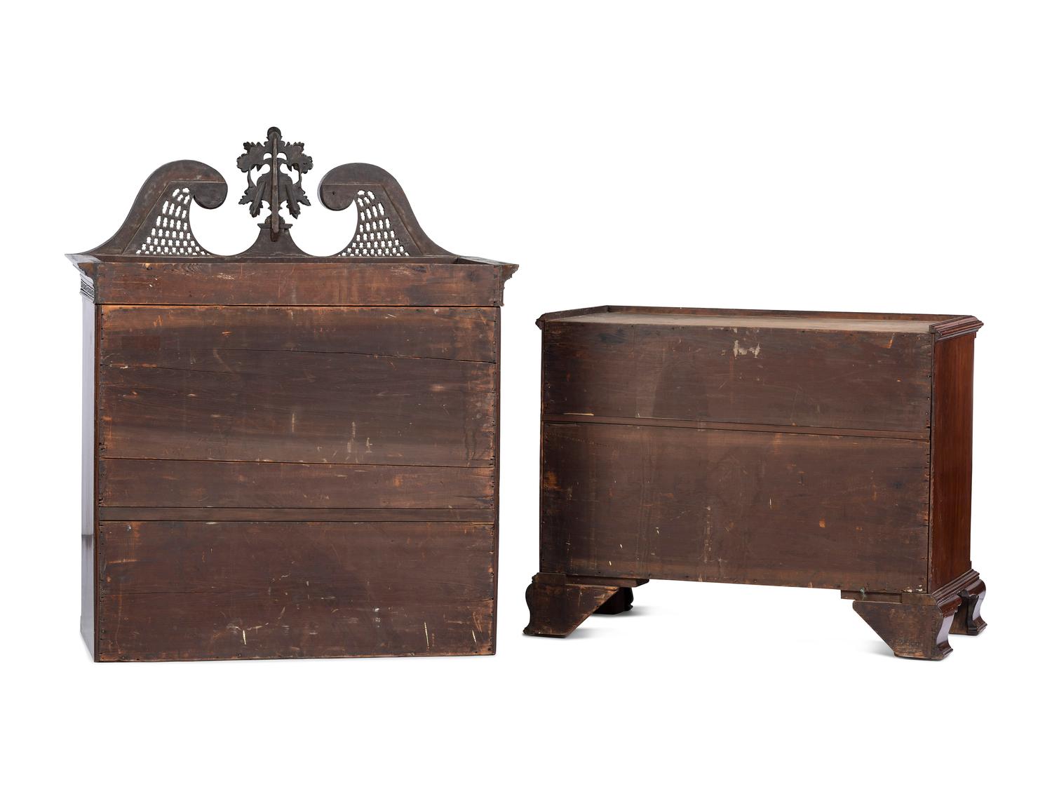 The Holcum Family Chippendale Pierce-Carved and Figured Mahogany Bonnet Top Chest-on-Chest
