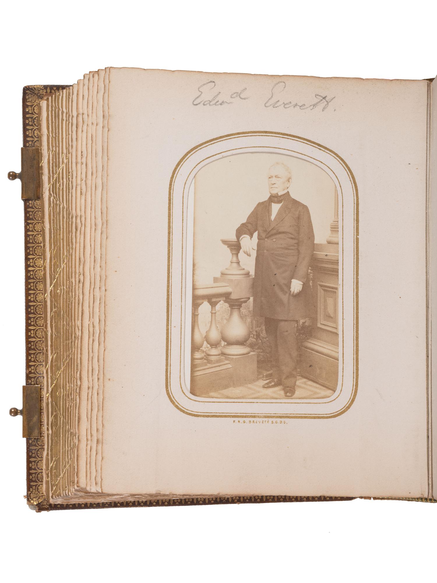 [LINCOLNIANA]. Album containing 50 CDVs of personalities from the US and abroad, featuring the Abraham Lincoln "Cooper Union" pose by Mathew Brady.