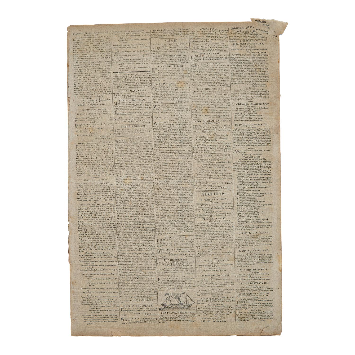 [Star-Spangled Banner] One of the Earliest Obtainable Newspaper Printings of the Star-Spangled Banner, September 27, 1814