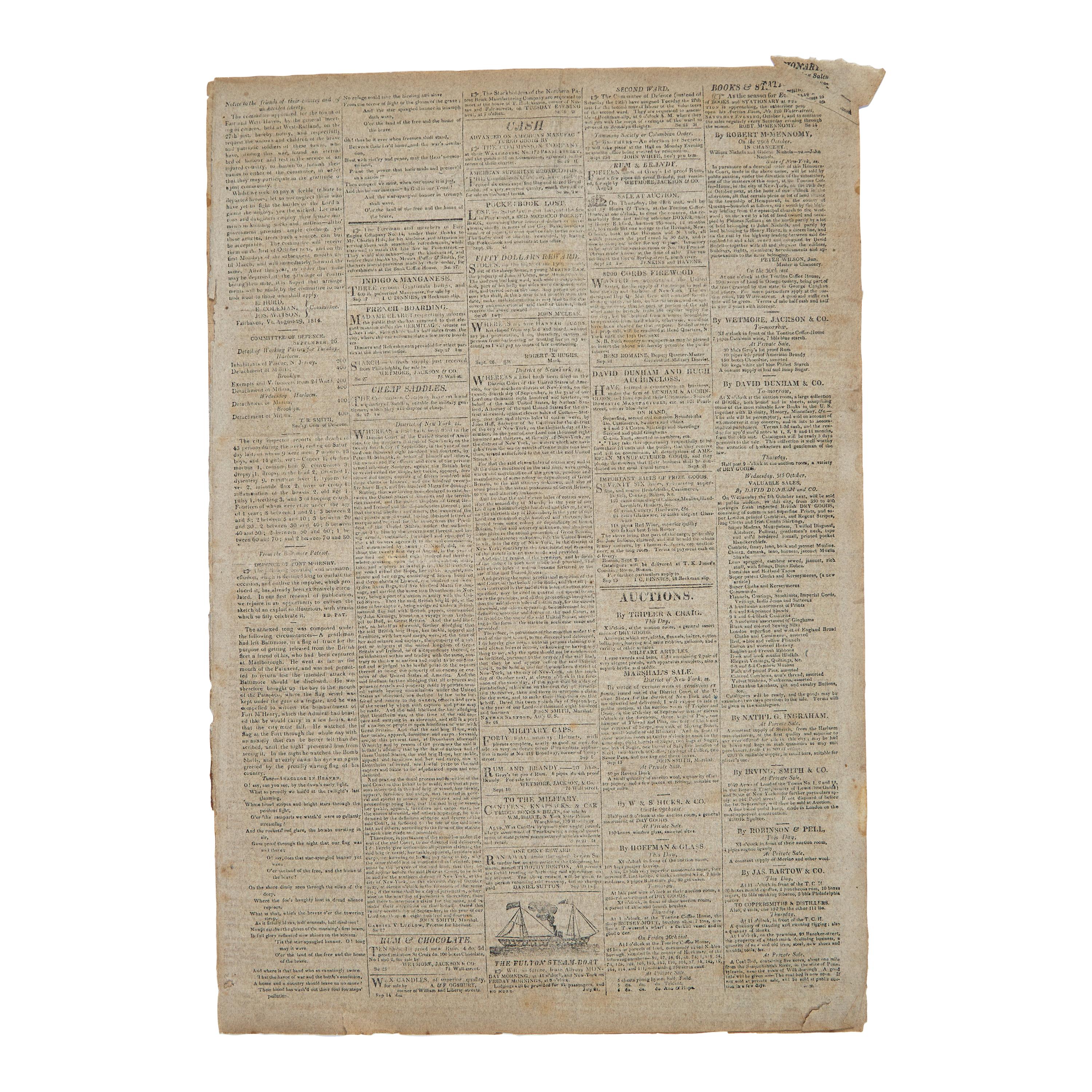 [Star-Spangled Banner] One of the Earliest Obtainable Newspaper Printings of the Star-Spangled Banner, September 27, 1814