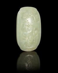 A Carved Celadon Jade Plaque Height 4 1/8 inches.