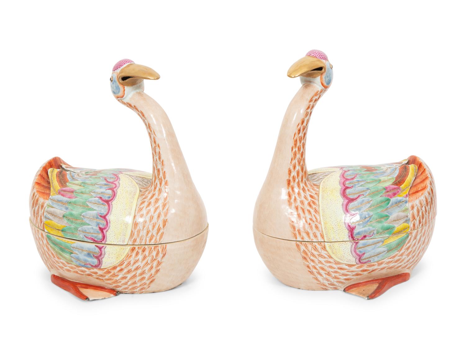 A Pair of Chinese Export Porcelain Crane-Form Tureens