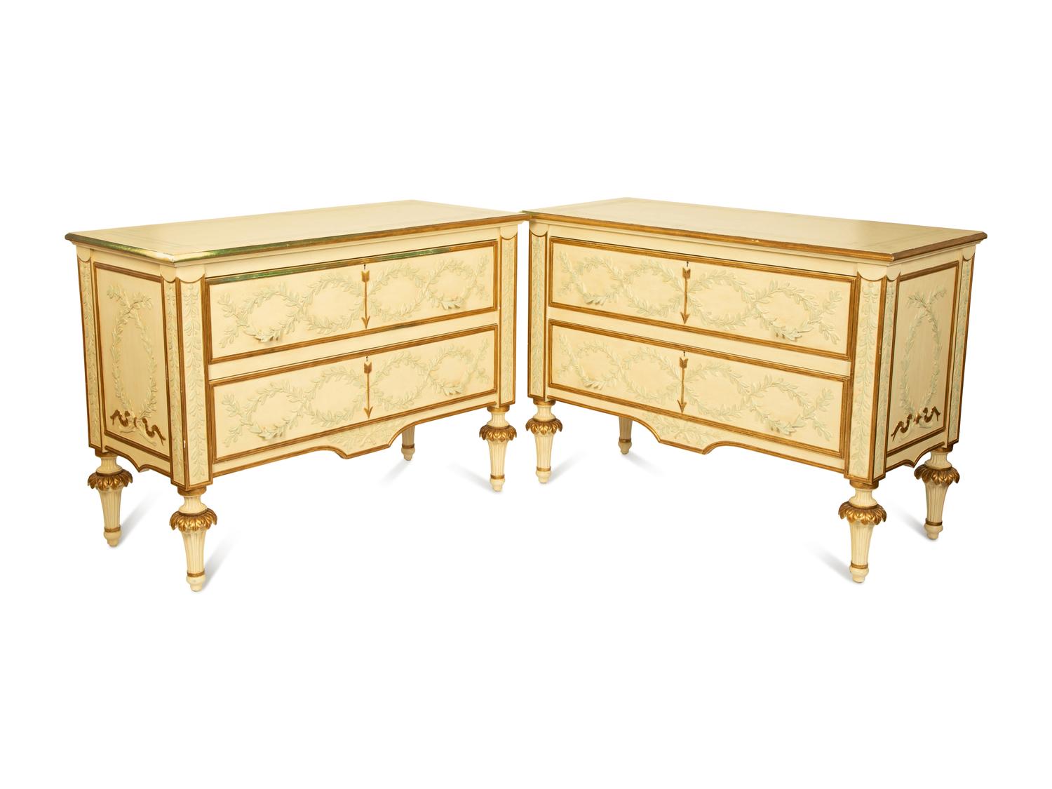 A Pair of Italian Neoclassical Style Painted and Parcel Gilt Commodes — 20TH CENTURY