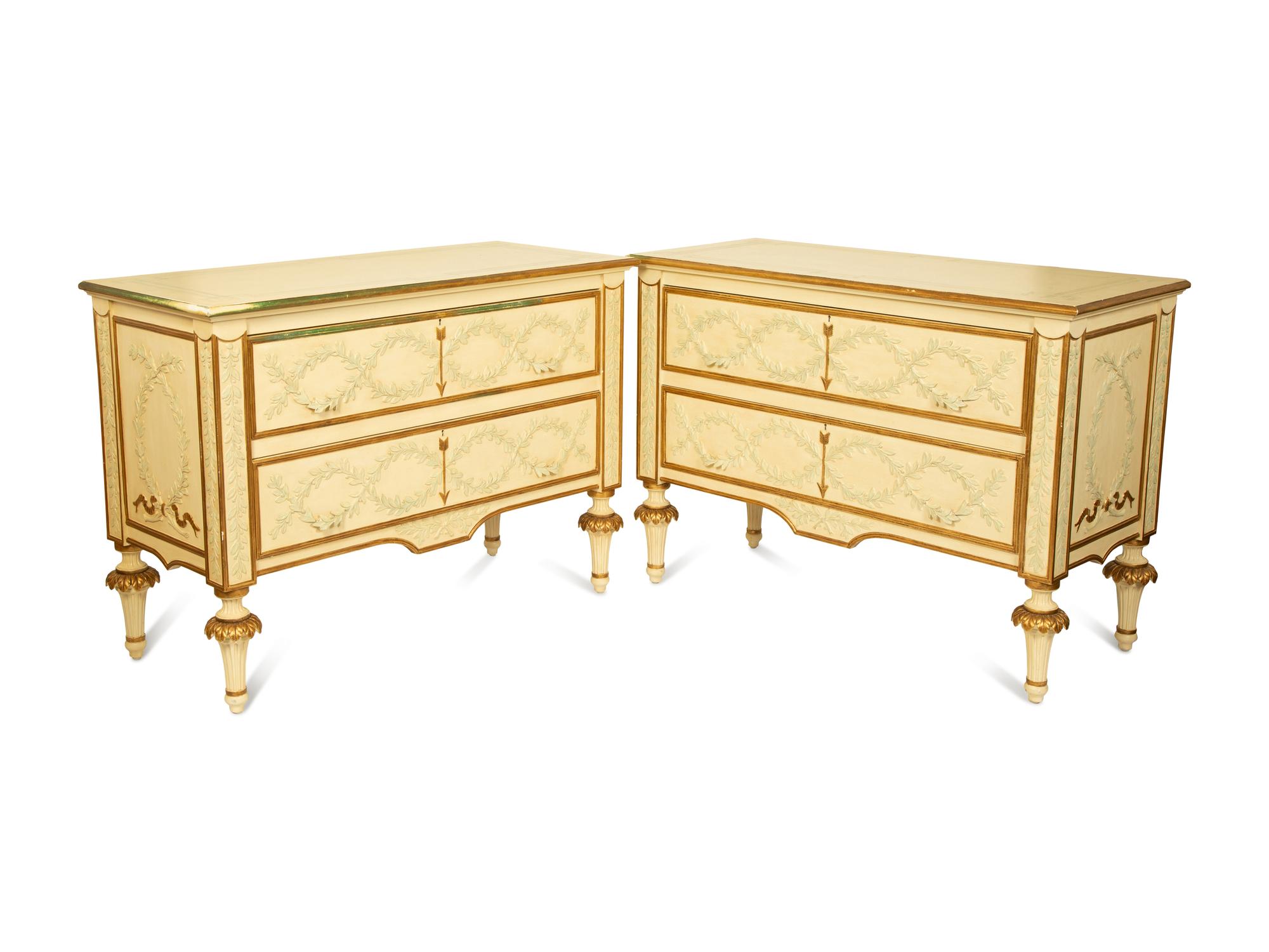 A Pair of Italian Neoclassical Style Painted and Parcel Gilt Commodes — 20TH CENTURY