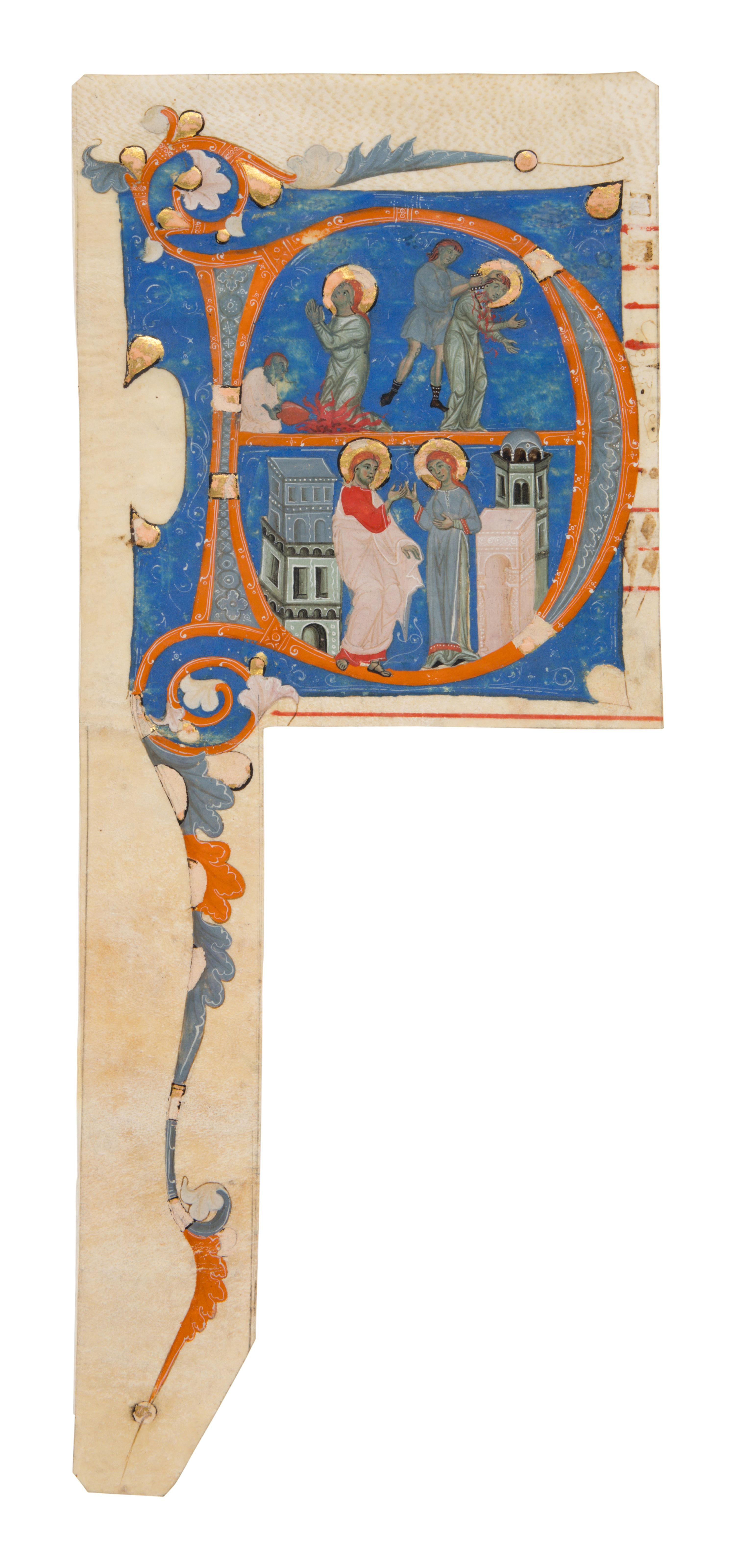 EMILIA-ROMAGNA ILLUMINATOR Cutting with Initial ‘D’ with the Life of Saint Lucy from a Gradual, in Latin, Illuminated manuscript on parchment [Italy, Emilia-Romagna? c. 1290–1300]