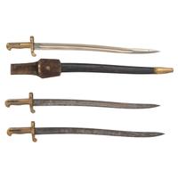 Three US Model 1861 Navy Rifle Saber Bayonets, One with Scabbard & Frog