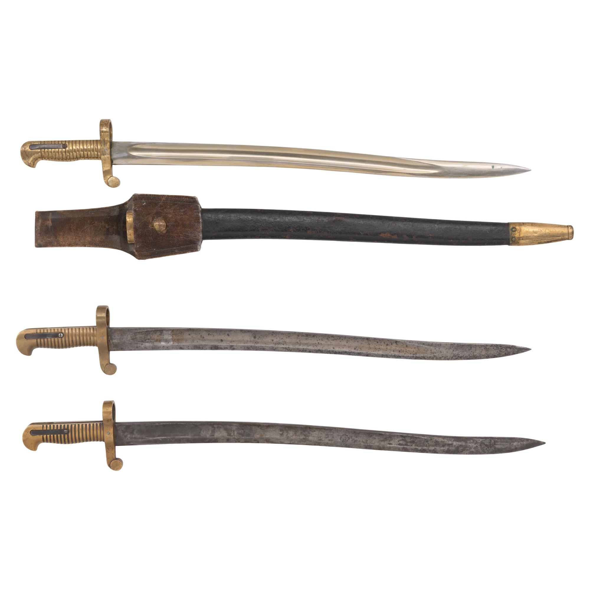 Three US Model 1861 Navy Rifle Saber Bayonets, One with Scabbard & Frog