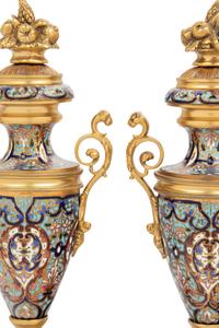 A Pair of French Gilt Bronze and Champlevé Enamel Urns