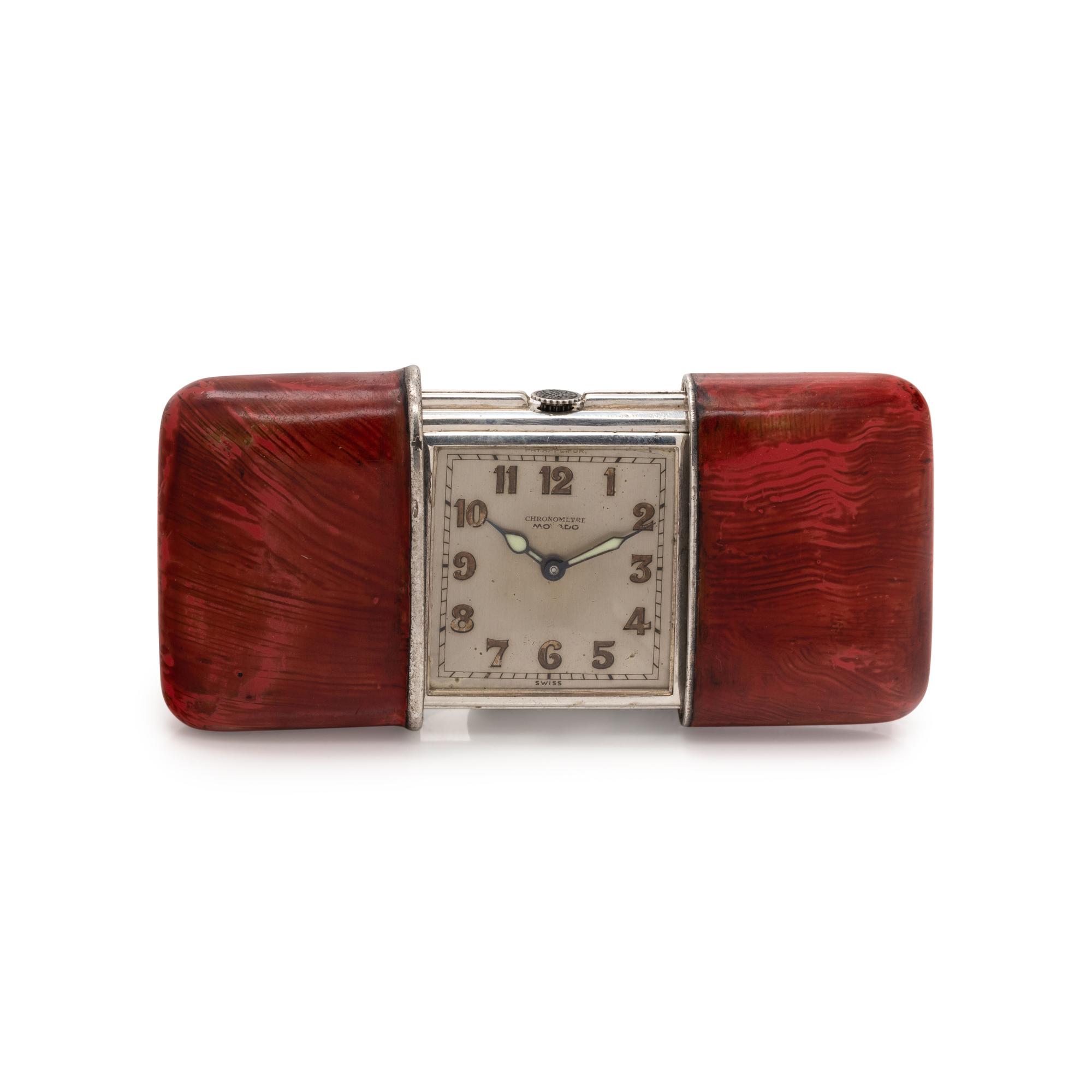 MOVADO, SILVER AND ENAMEL 'ERMETO' TRAVEL WATCH