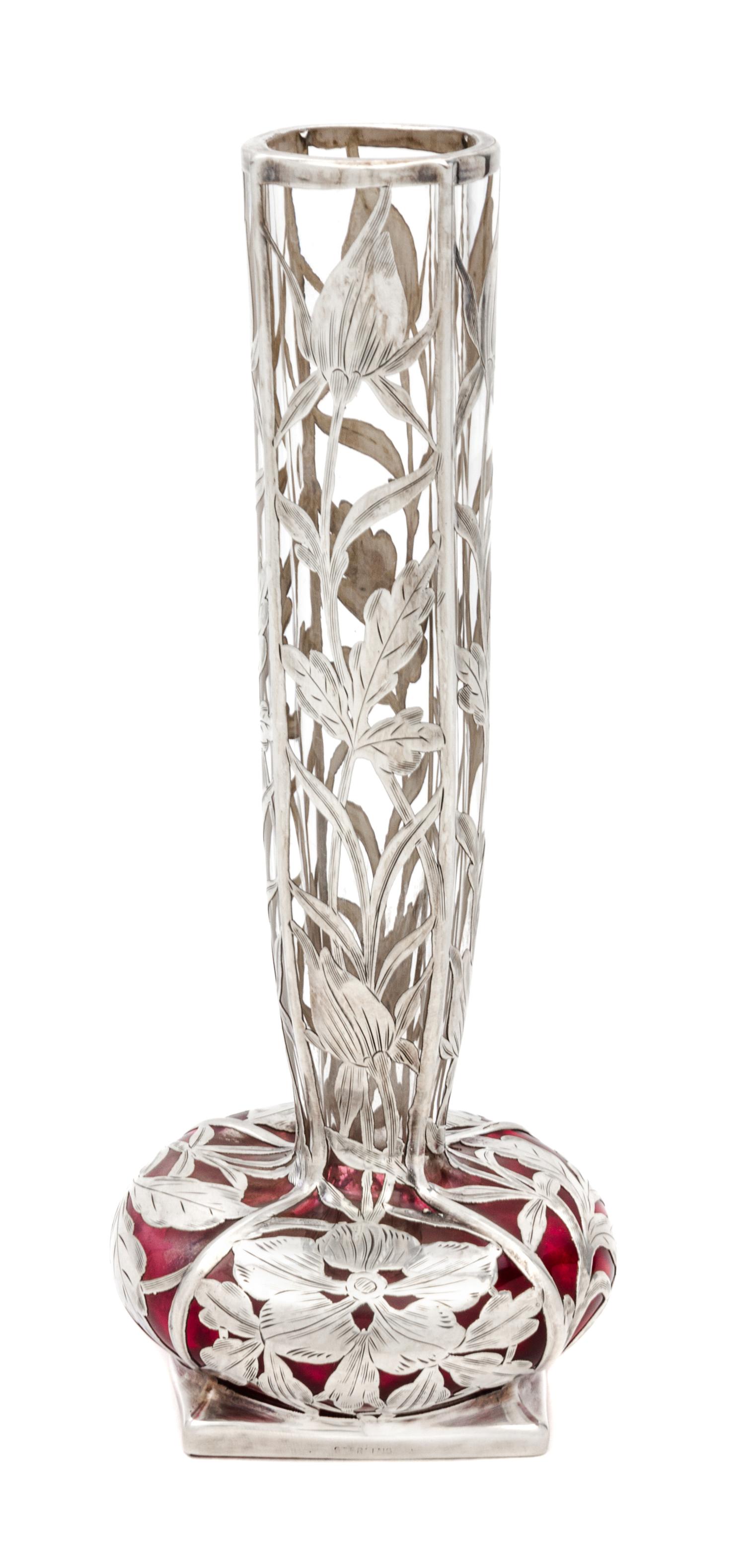 An Art Nouveau Silver Overlay Glass Vase Height 7 7/8 inches.