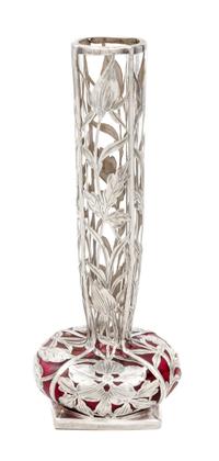 An Art Nouveau Silver Overlay Glass Vase Height 7 7/8 inches.