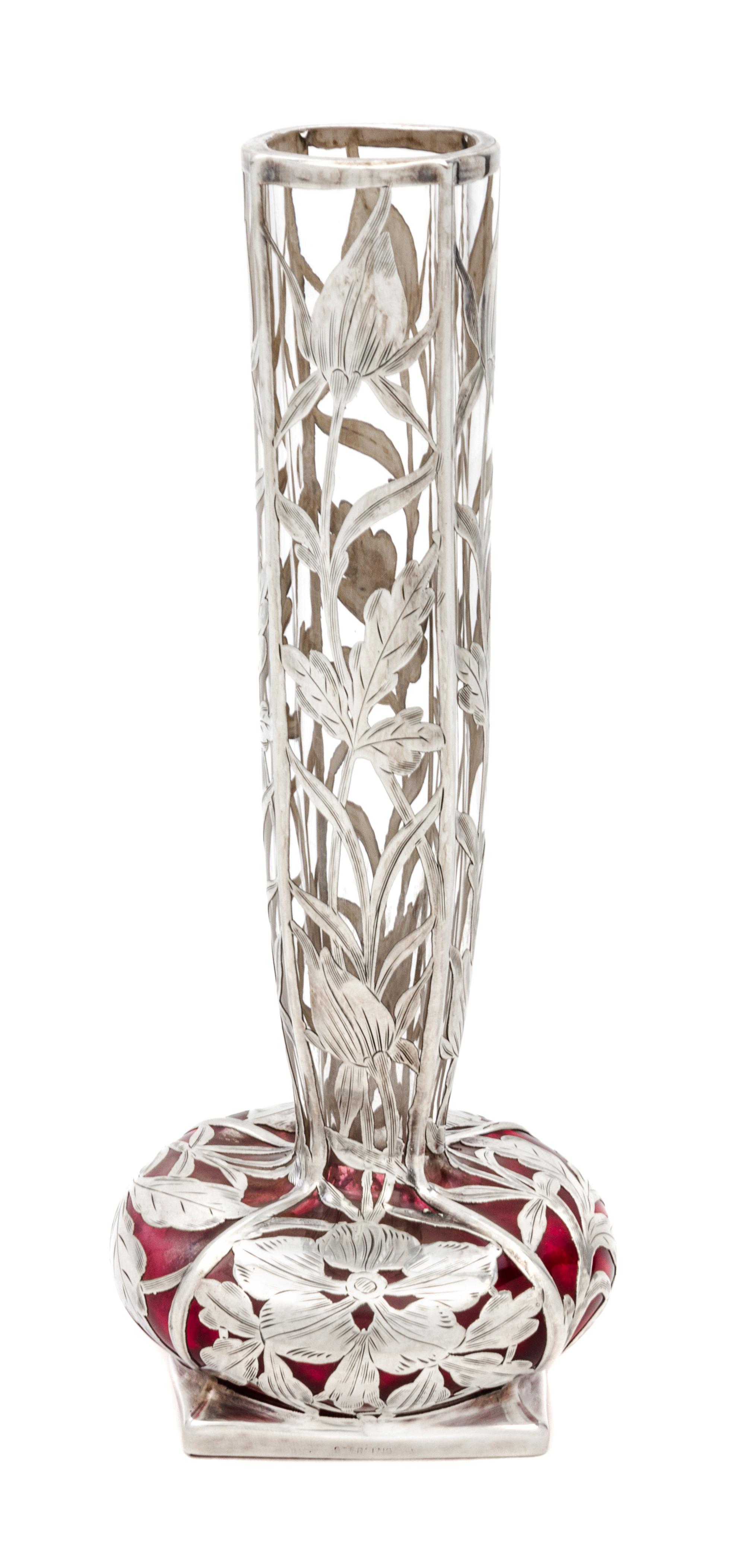 An Art Nouveau Silver Overlay Glass Vase Height 7 7/8 inches.