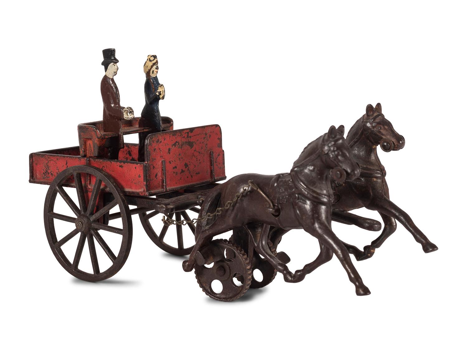 A Carpenter Cast Iron Horse Drawn Cart with Two Figures