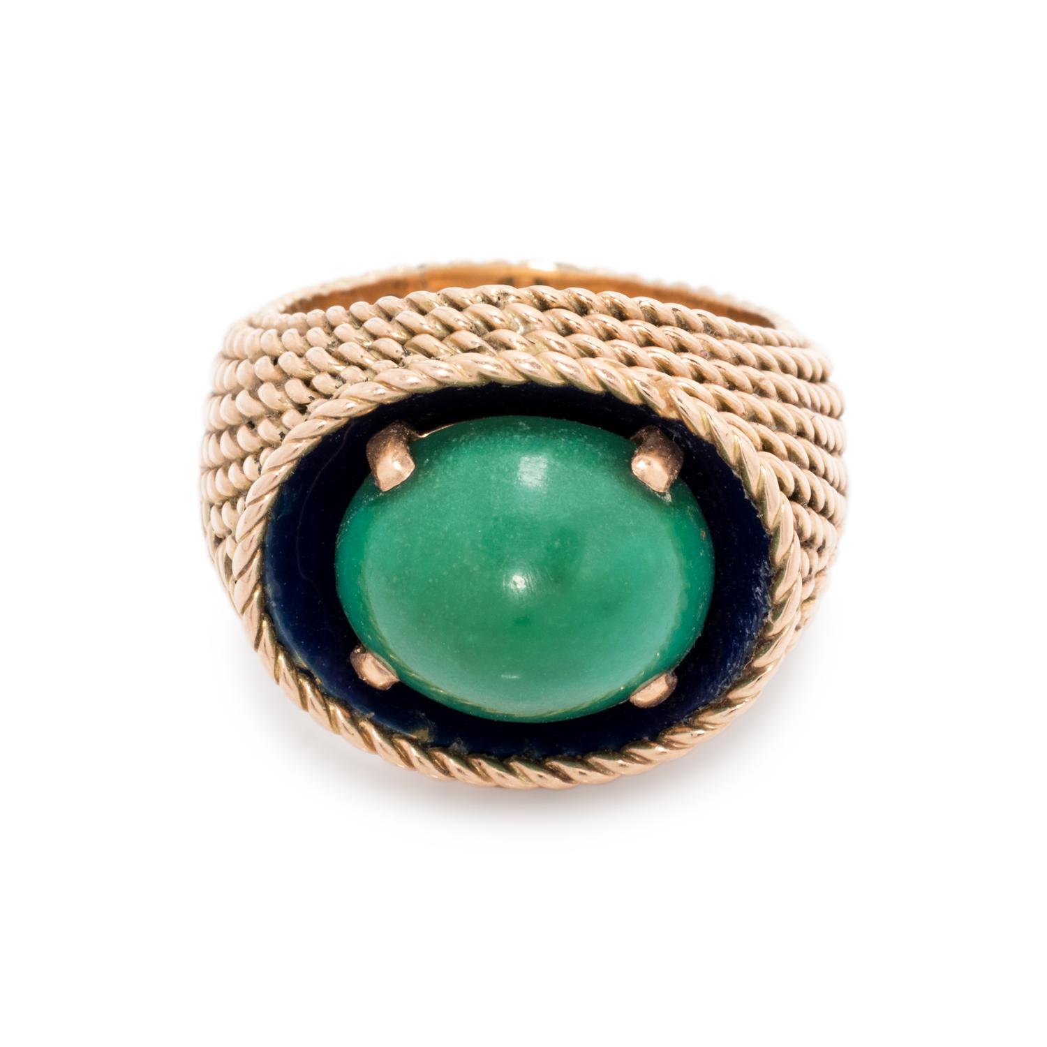YELLOW GOLD, GREEN HARDSTONE AND ENAMEL RING