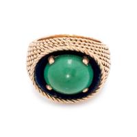 YELLOW GOLD, GREEN HARDSTONE AND ENAMEL RING