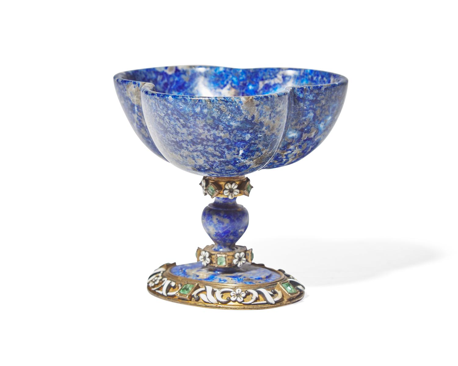 A Viennese carved lapis lazuli, emerald encrusted, and enamel-decorated silver gilt cup, Austria, late 19th century
