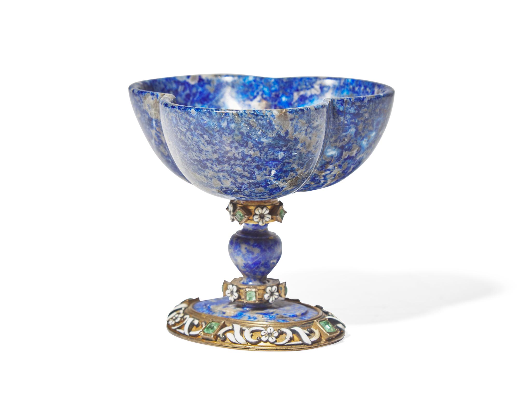 A Viennese carved lapis lazuli, emerald encrusted, and enamel-decorated silver gilt cup, Austria, late 19th century