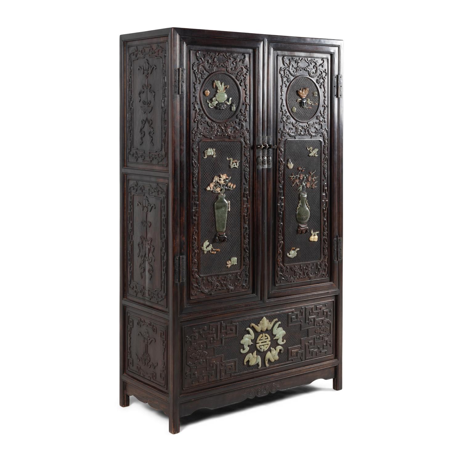 A Chinese Hardwood Jade and Hardstone Inset Square-Corner Cabinet, Fangjiaogui, 20th Century 近代 黑漆硬木嵌寳博古圖方角櫃