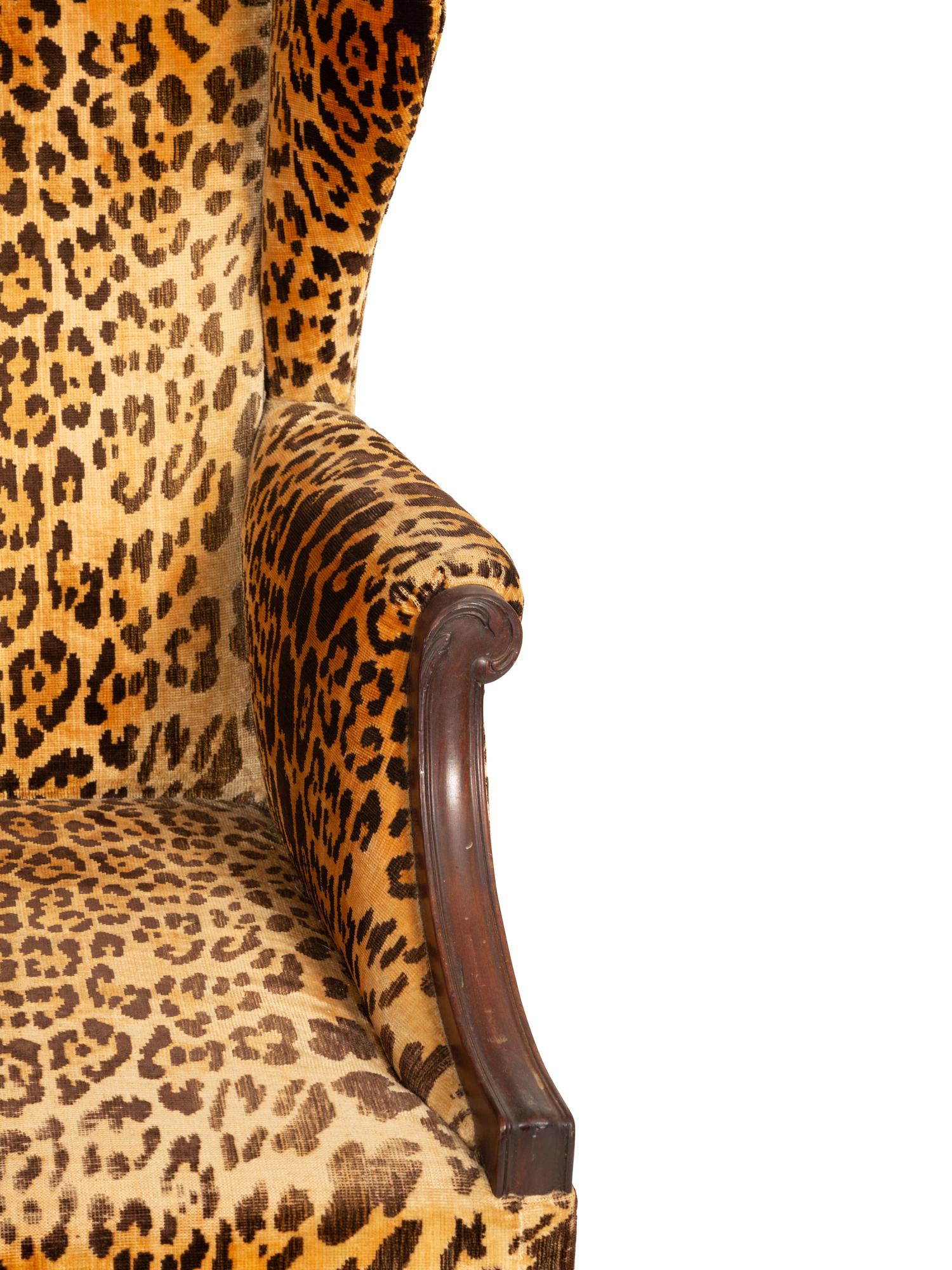 A George III Style Mahogany Wing Chair with Leopard Print Upholstery