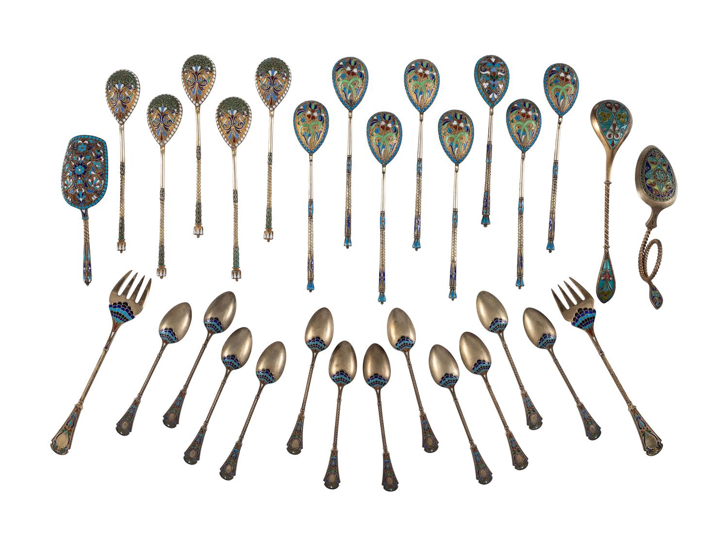 Thirty Russian Silver and Enamel Spoons and Forks