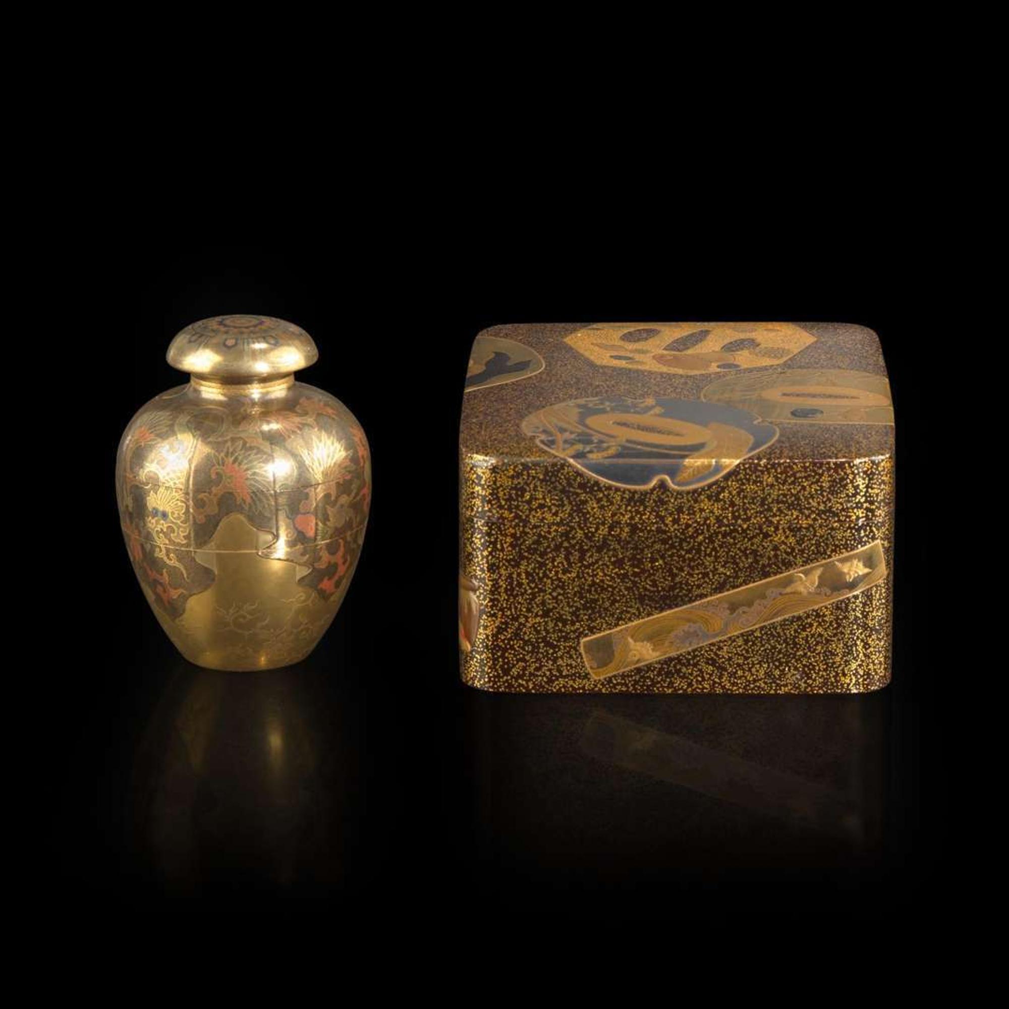 A small Japanese lacquer urn-form sectional box and a box decorated with tsuba 日本漆盒两件 Meiji to Taisho period ?????