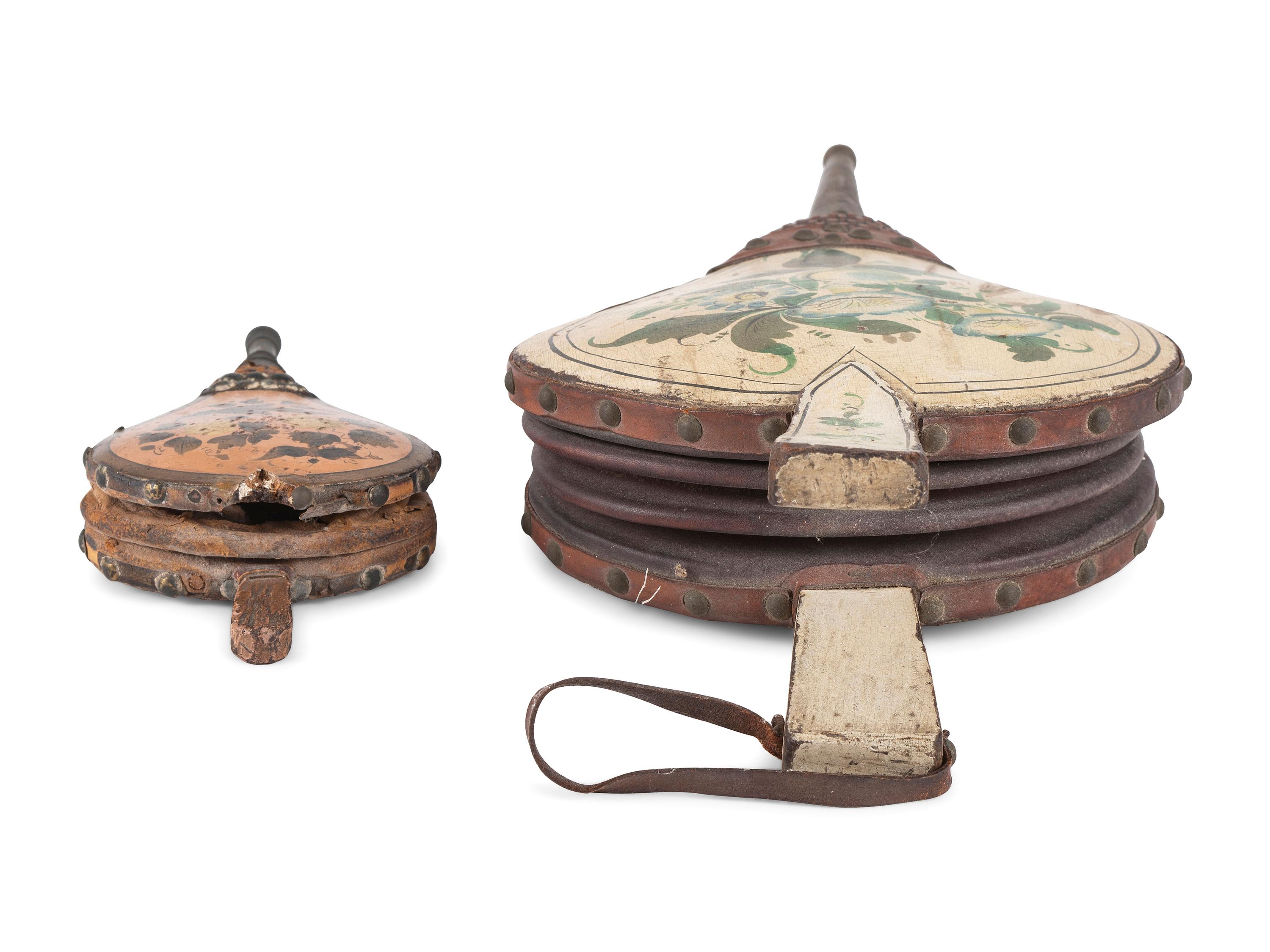 Two Carved and Painted Decorated Wood and Leather Bellows