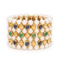 Cultured Pearl, Emerald, Sapphire, and Yellow Gold Cuff Bracelet