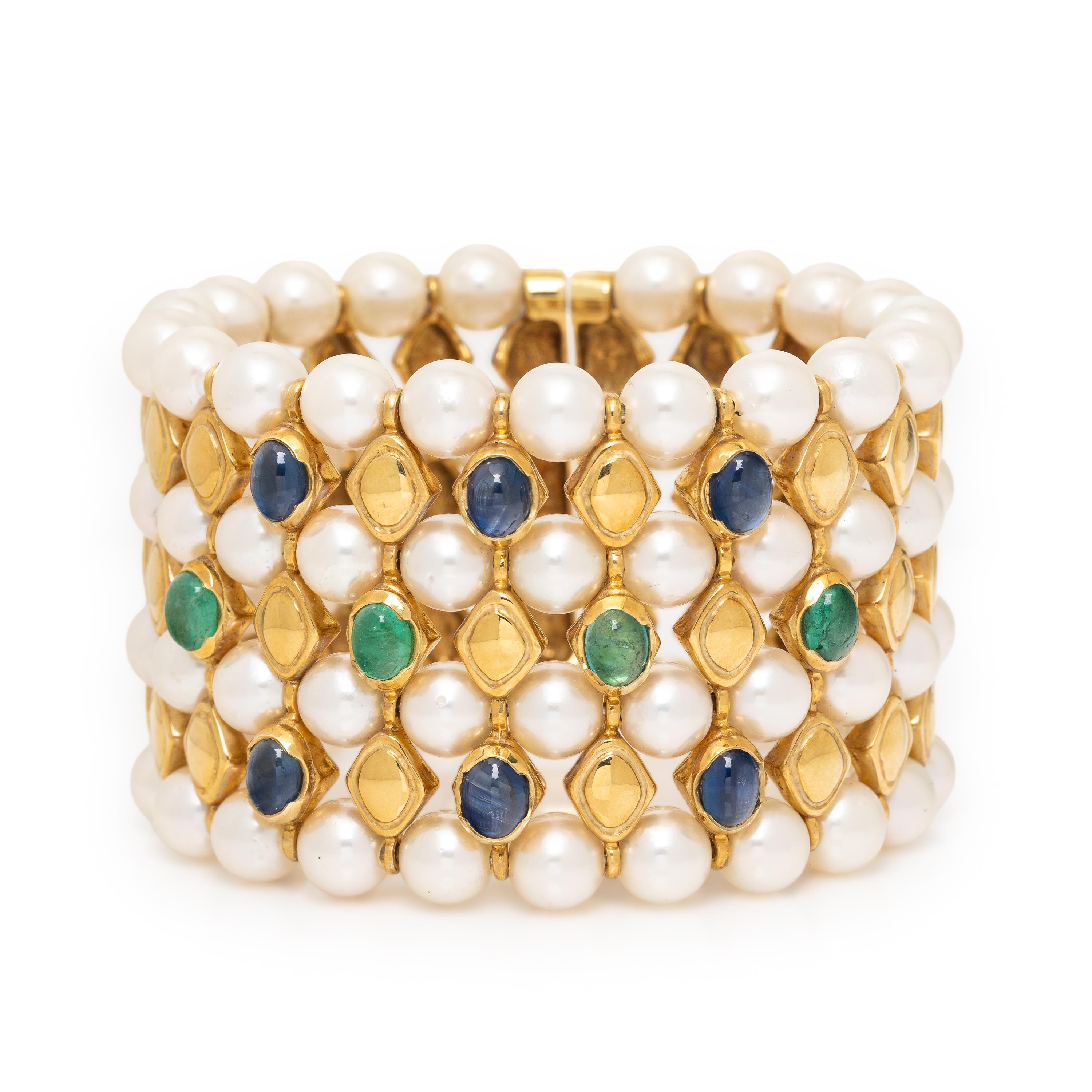 Cultured Pearl, Emerald, Sapphire, and Yellow Gold Cuff Bracelet