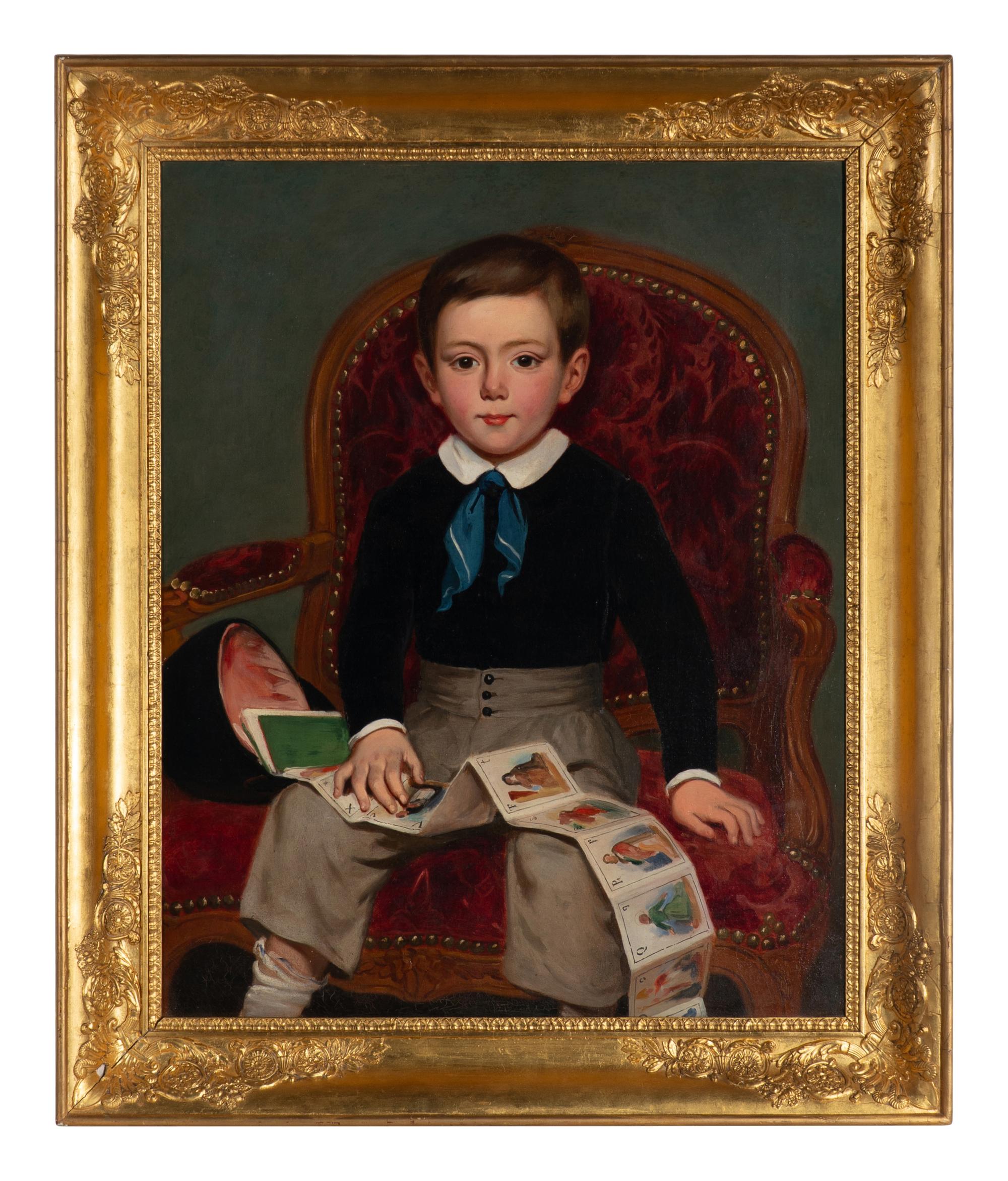 French School 19th Century, A Portrait of a Seated Boy Holding Alphabetic Saint Booklet