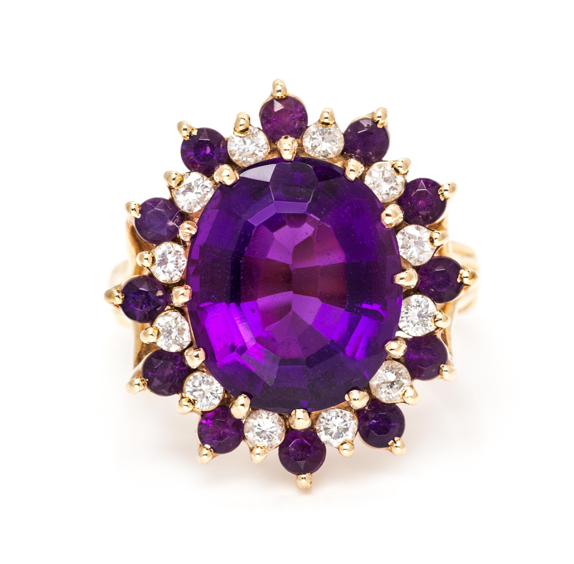 A Yellow Gold, Amethyst and Diamond Ring, 5.60 dwts.