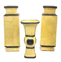 Three Chinese Yellow Glazed Ceramic Vases Height of tallest 16 3/4 inches.