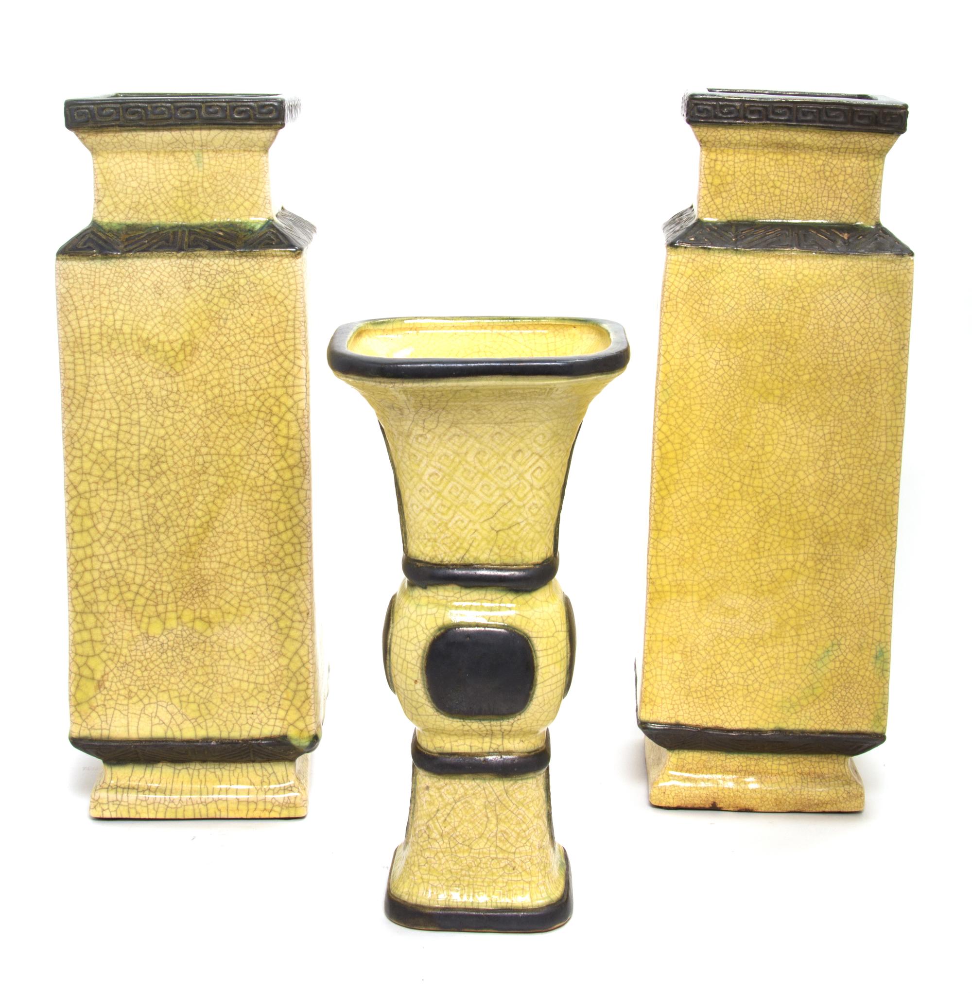 Three Chinese Yellow Glazed Ceramic Vases Height of tallest 16 3/4 inches.