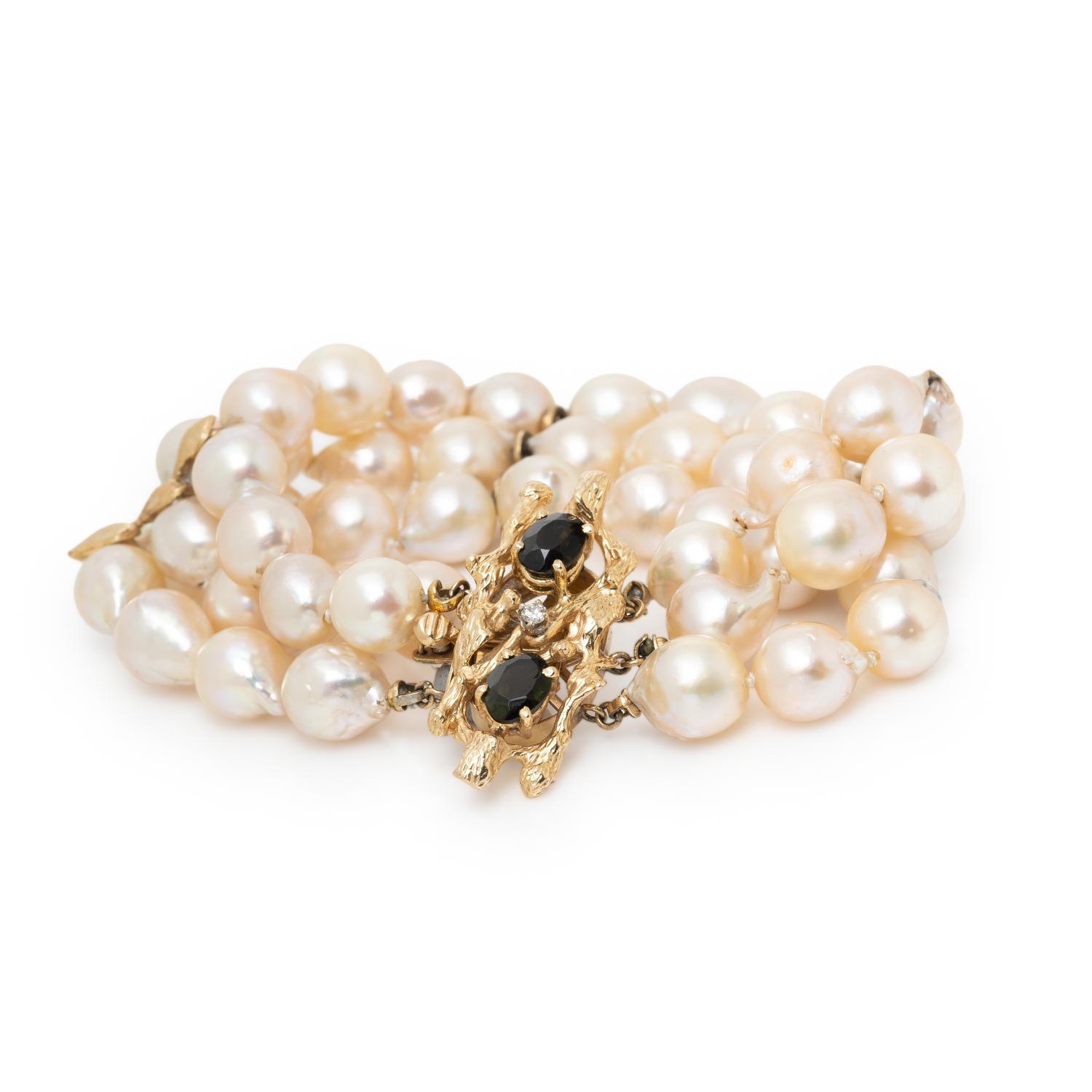 Cultured Pearl, Tourmaline, and Yellow Gold Bracelet