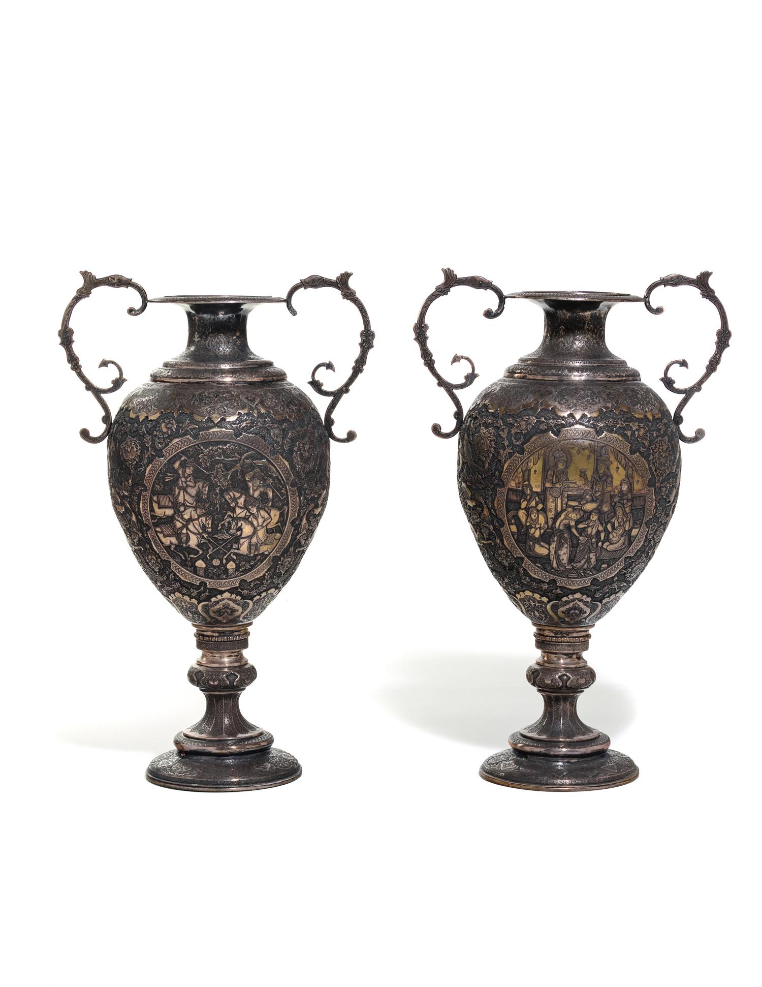 A Pair of Persian Silvered Copper Vases