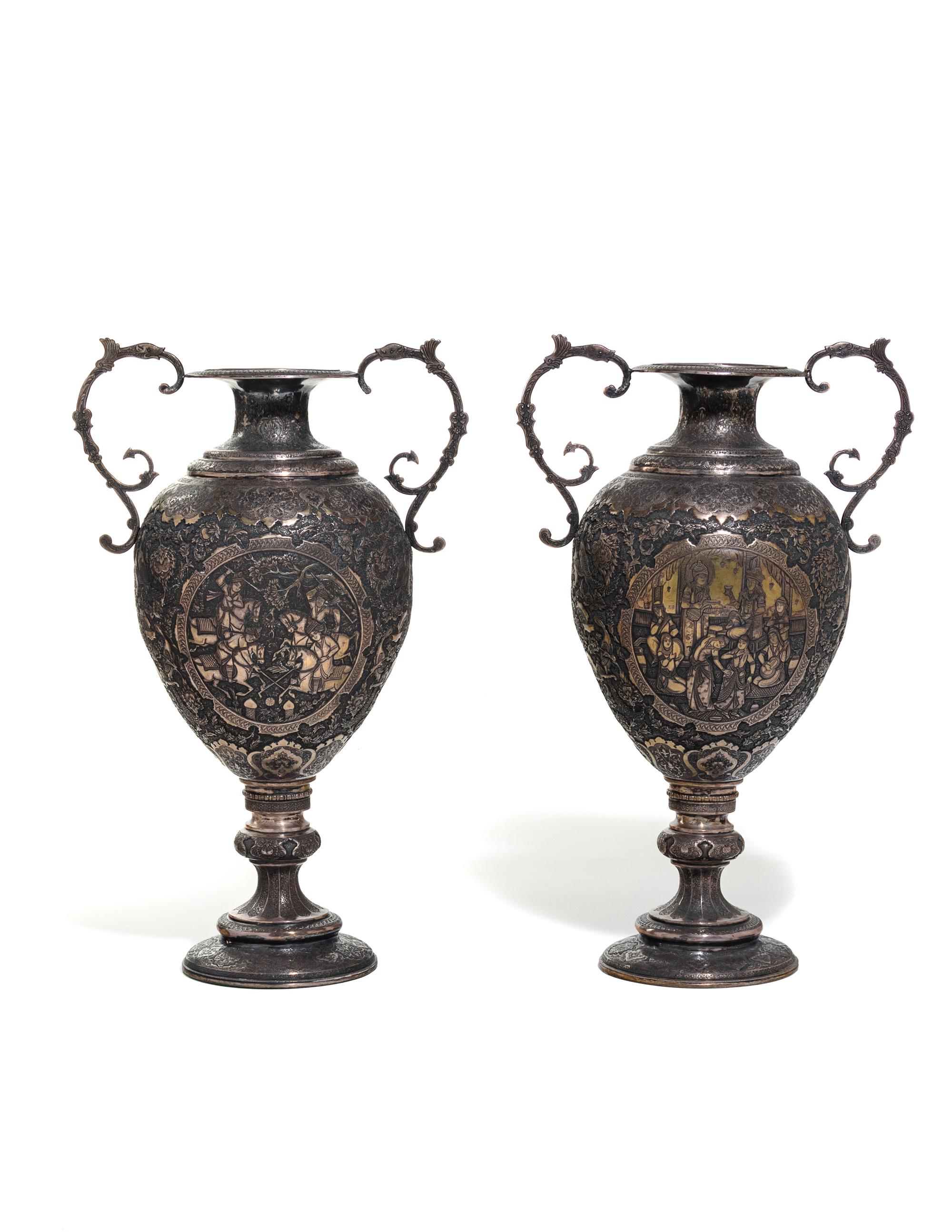 A Pair of Persian Silvered Copper Vases