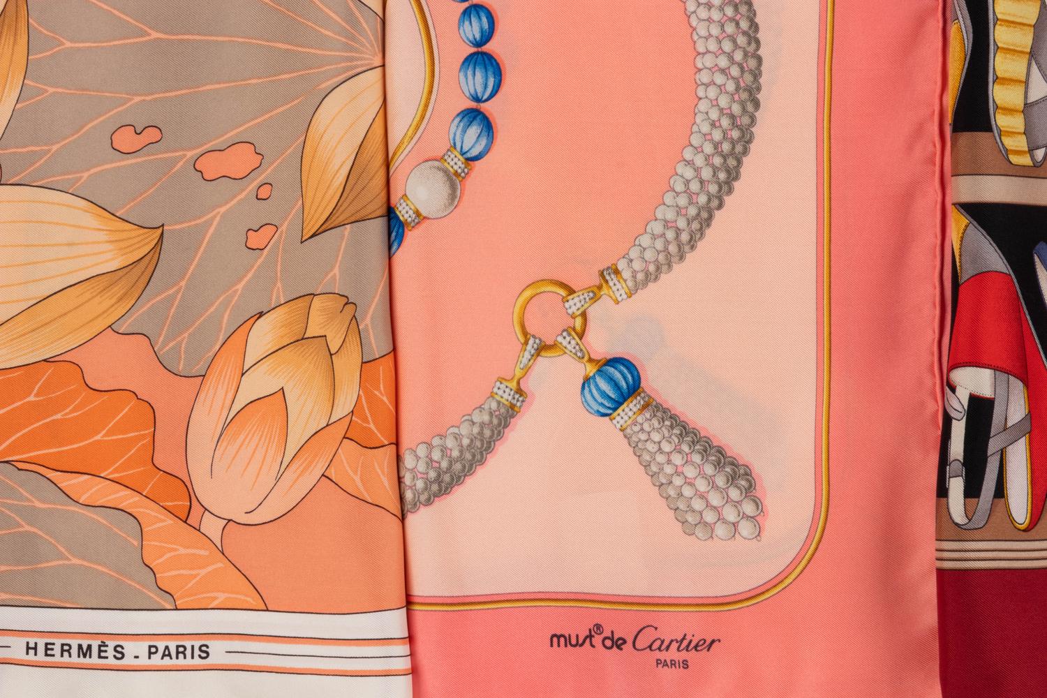 Five Designer Scarves: Three Hermès, One Ferragamo, and One Cartier, 1980-2000s