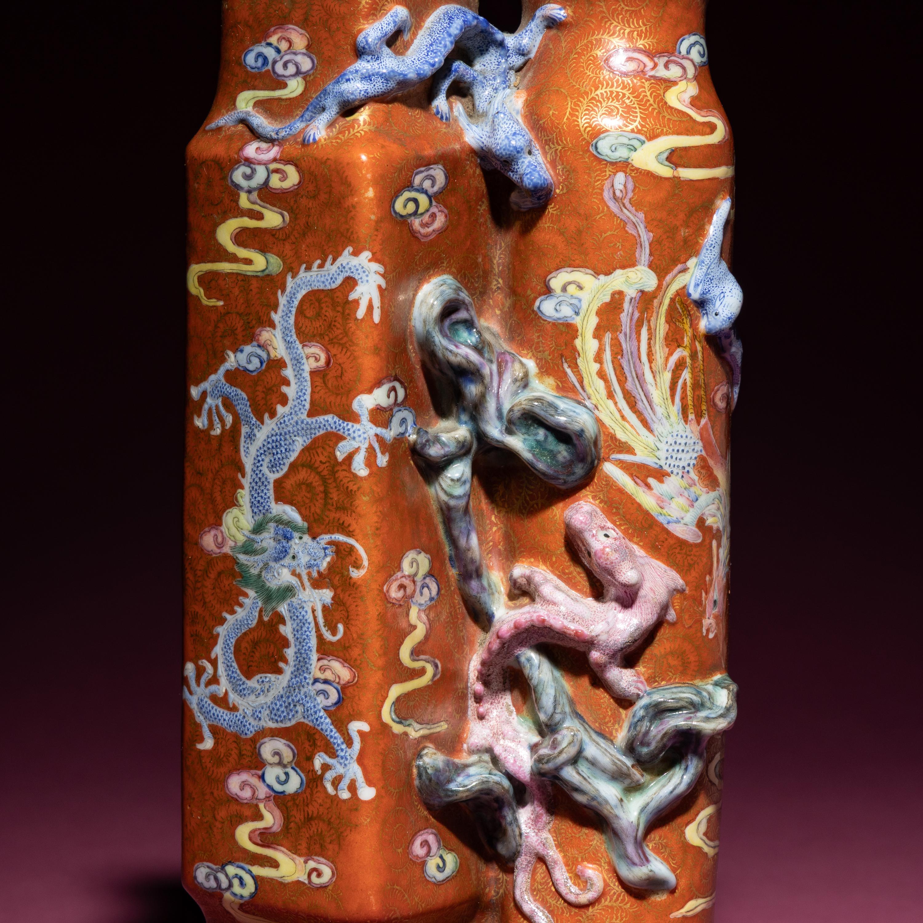 A Chinese Famille Rose 'Dragon and Phoenix' Gilt on Coral Ground Double Wall Vase, Biping , 19th Century — 清晚期 珊瑚紅地粉彩凸塑龍紋雙聯瓶