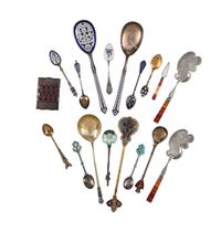Seventeen Enameled Silver and Silver Gilt Serving Spoons and Souvenir Spoons